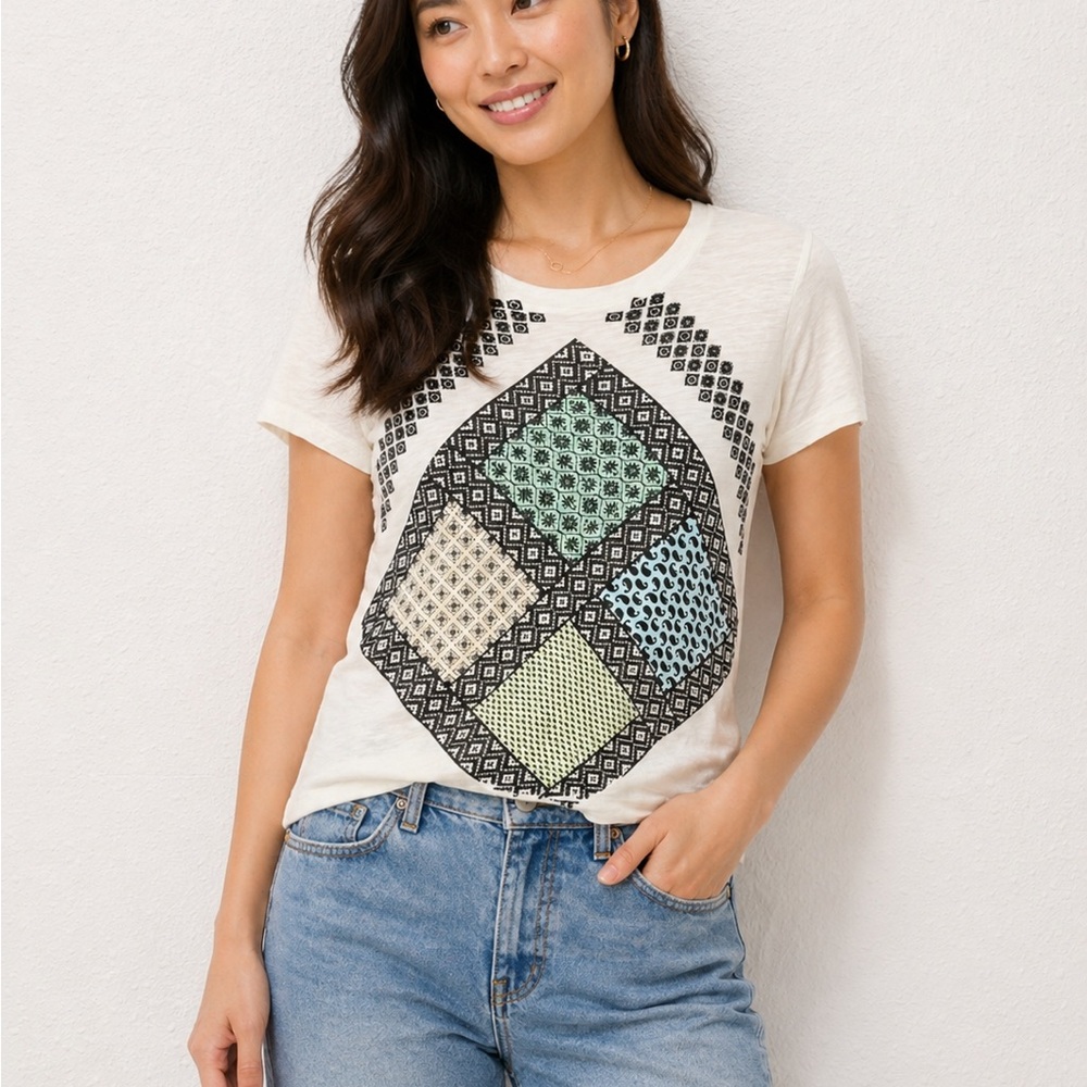 J. Crew 100 % linen Cream Short-Sleeve Tee with Multicolor Diamond detail XXS‎